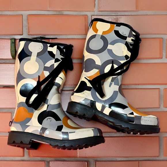 Coach Shoes - COACH “Periwinkle” Geometric Rain Boots Black Multi Size 10